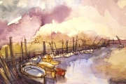 11-012 - Boats at Blakeney - £45 - Line & W/colour on Paper - White mount 35x25cm
