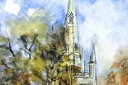 14-061 - Norwich Cathedral Spire - £144 - Line & W/colour on W/C Paper - White mount in Oak frame 45x35cm